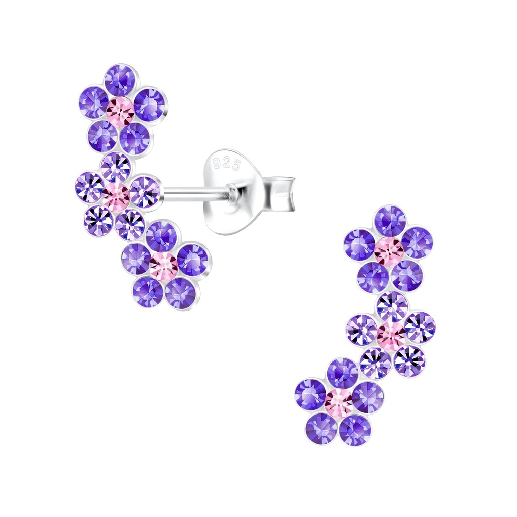 Silver Triple Crystal Flower Stud Earrings