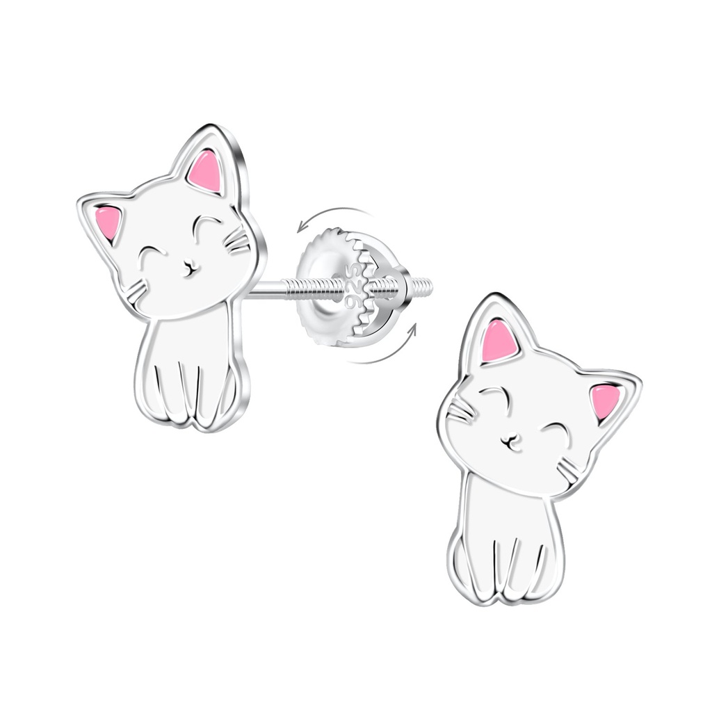 [10008255] Boucles d'oreilles à fermoir à vis chat en argent