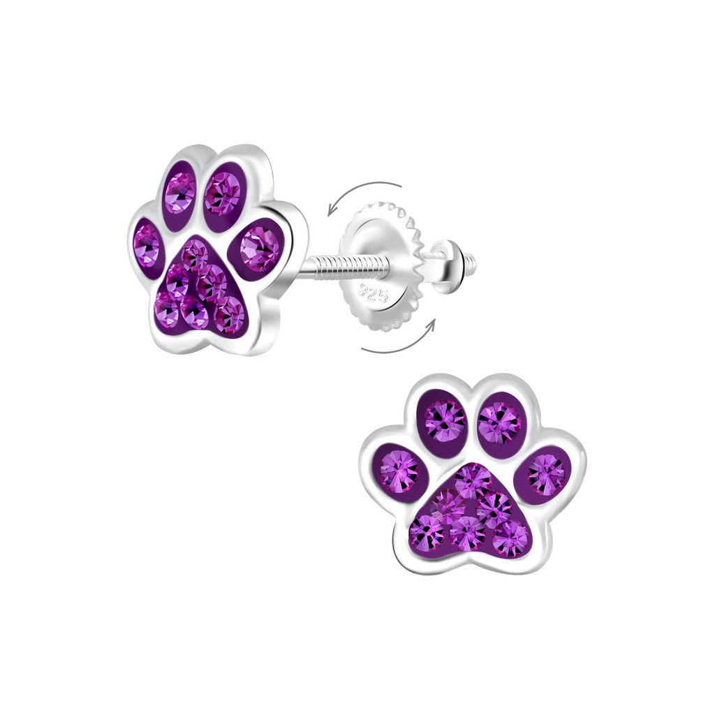 [10012010] Boucles d'oreilles à fermoir à vis empreinte de patte en argent cristal (Amethyst)
