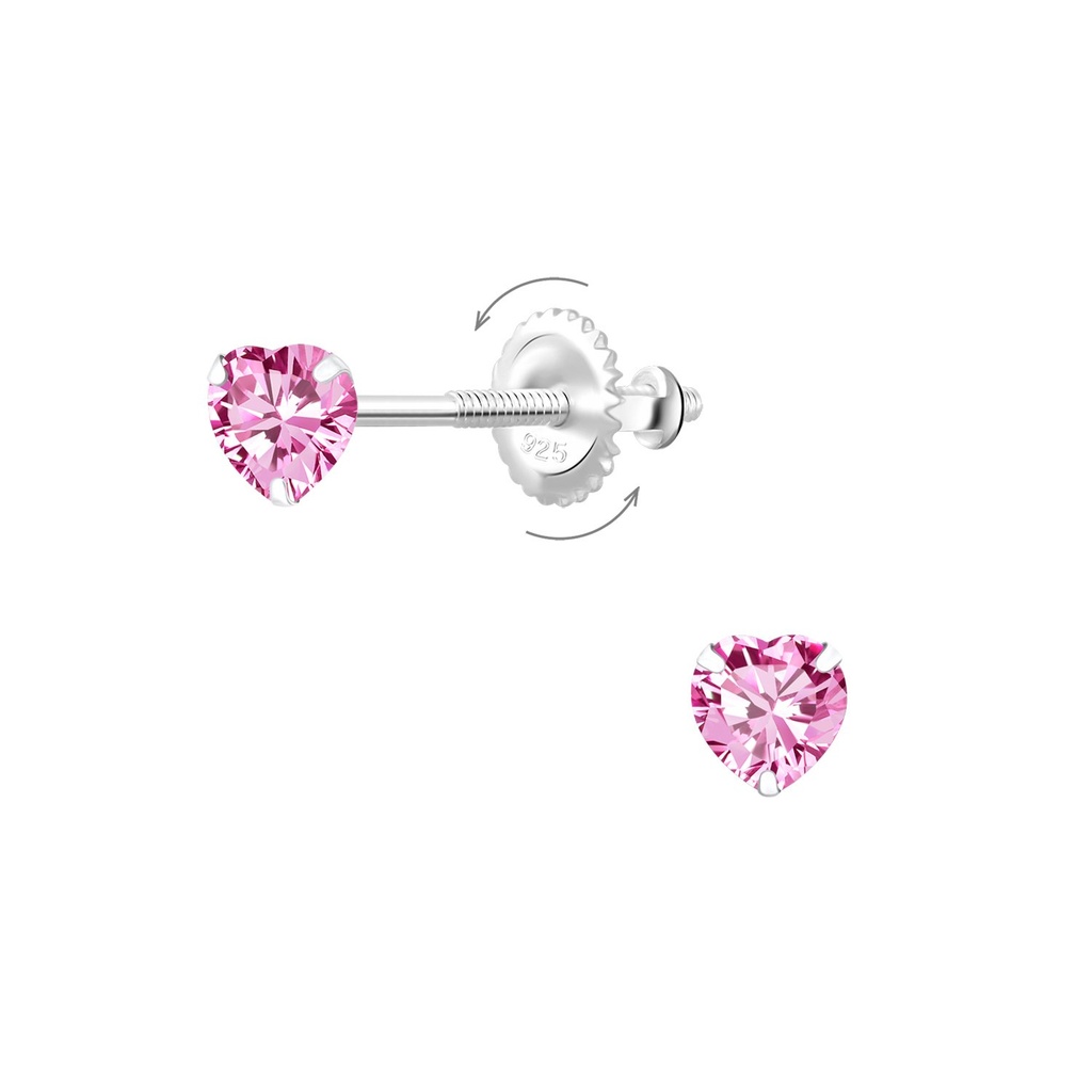 [10014619] Boucles d'oreilles à fermoir à vis en argent zircon cœur 4 mm (Pink)