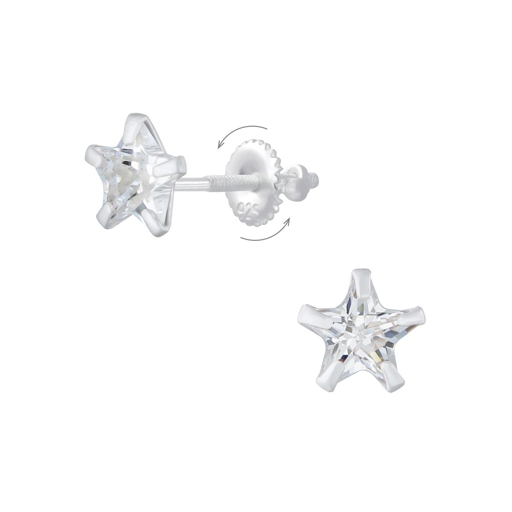 [10008258] 6mm Star Cubic Zirconia Silver Screw Back Earrings