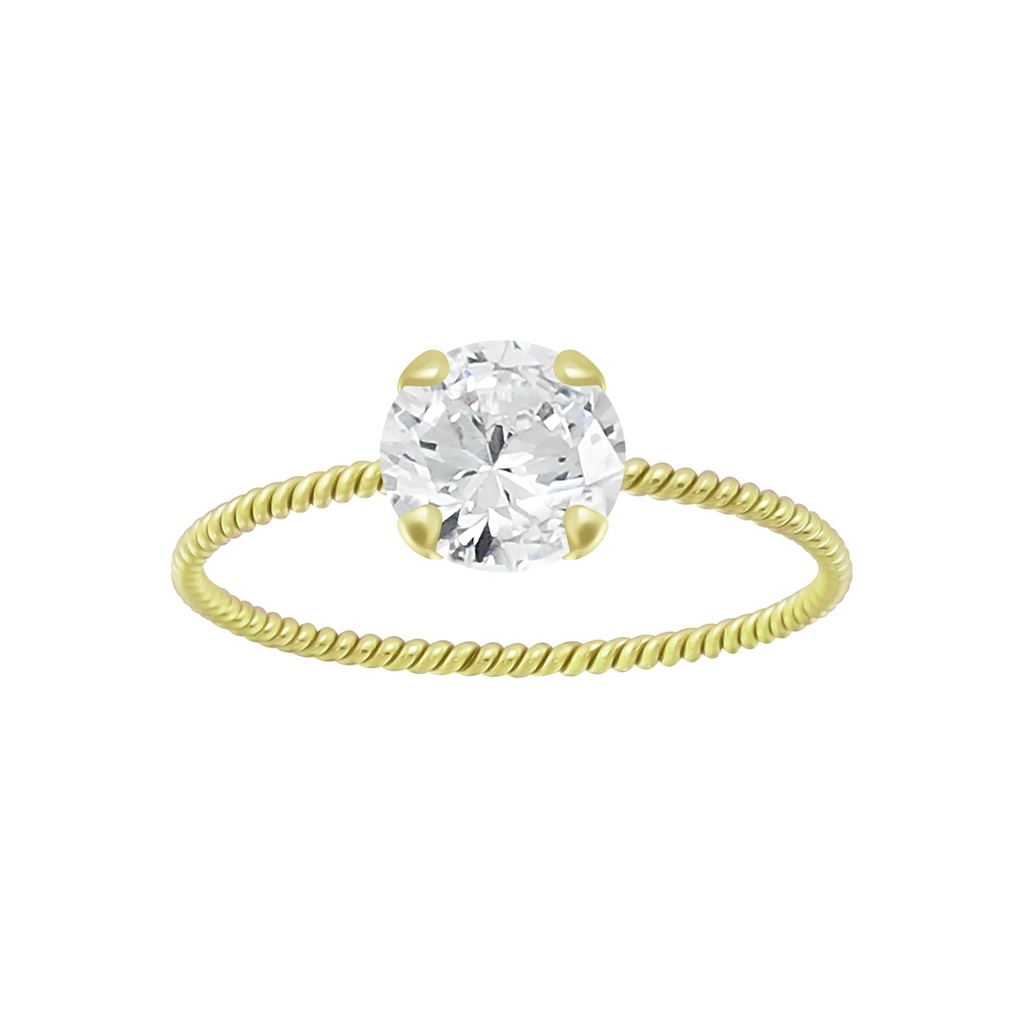 Bague solitaire jonc torsadée en argent zircon rond 6 mm