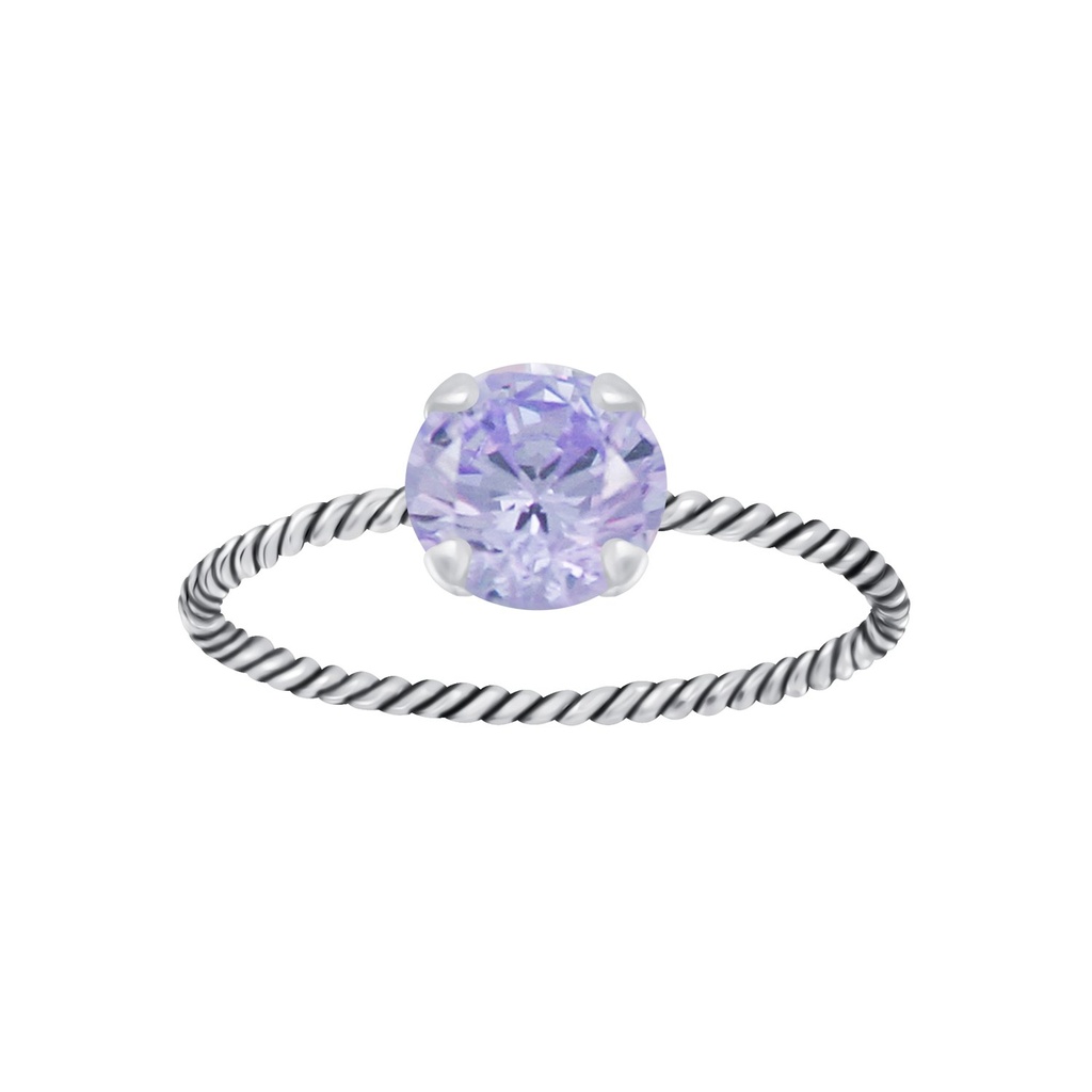 Bague solitaire jonc torsadée en argent zircon rond 6 mm