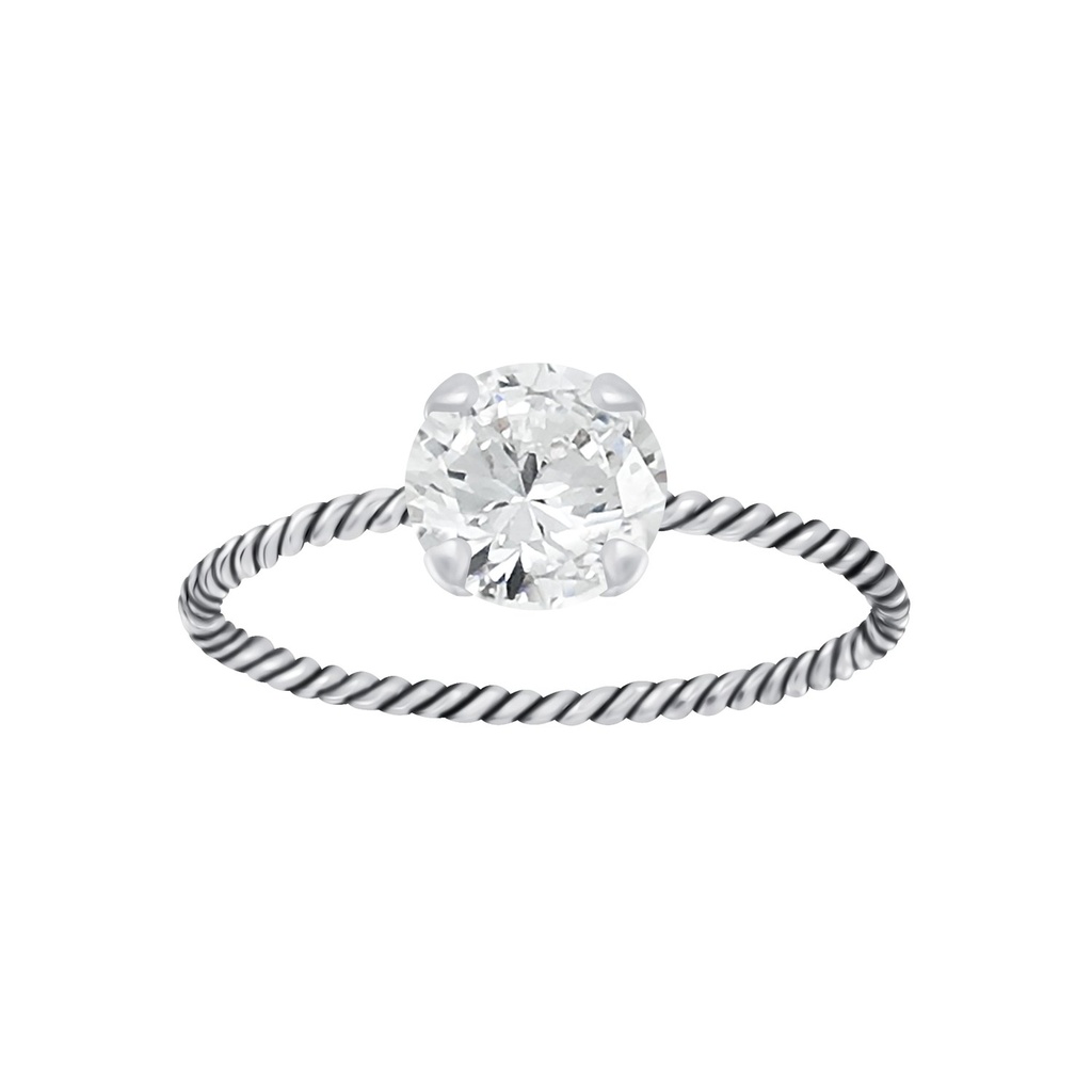 Bague solitaire jonc torsadée en argent zircon rond 6 mm