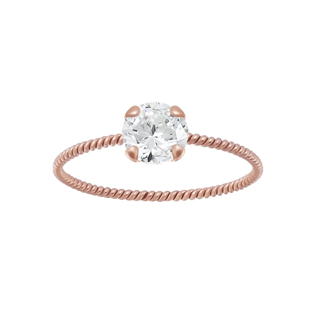 Bague solitaire jonc torsadée en argent zircon rond 5 mm