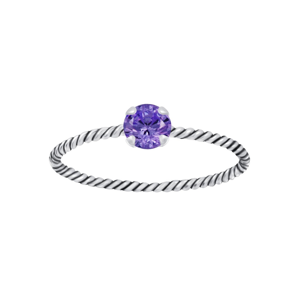 Bague solitaire jonc torsadée en argent zircon rond 4 mm