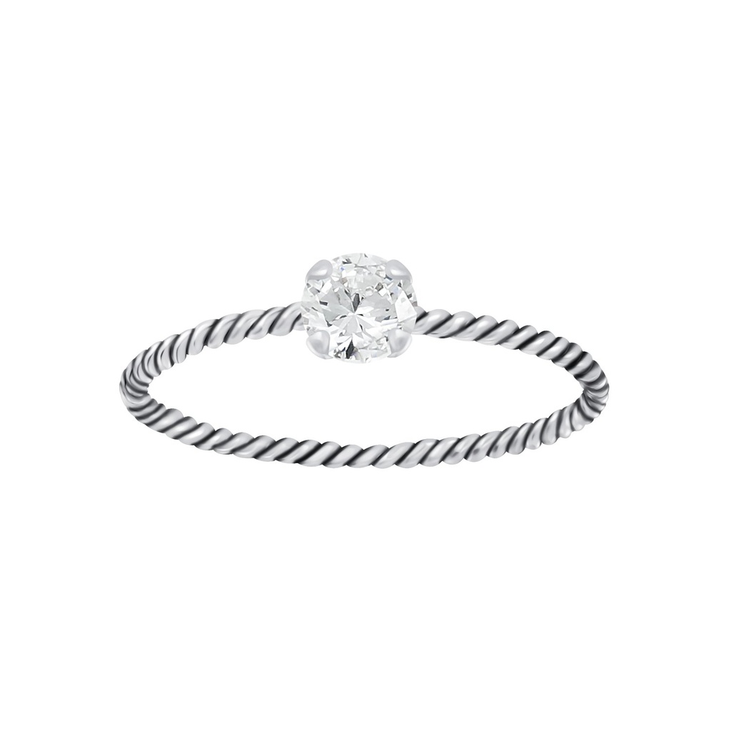 Bague solitaire jonc torsadée en argent zircon rond 4 mm