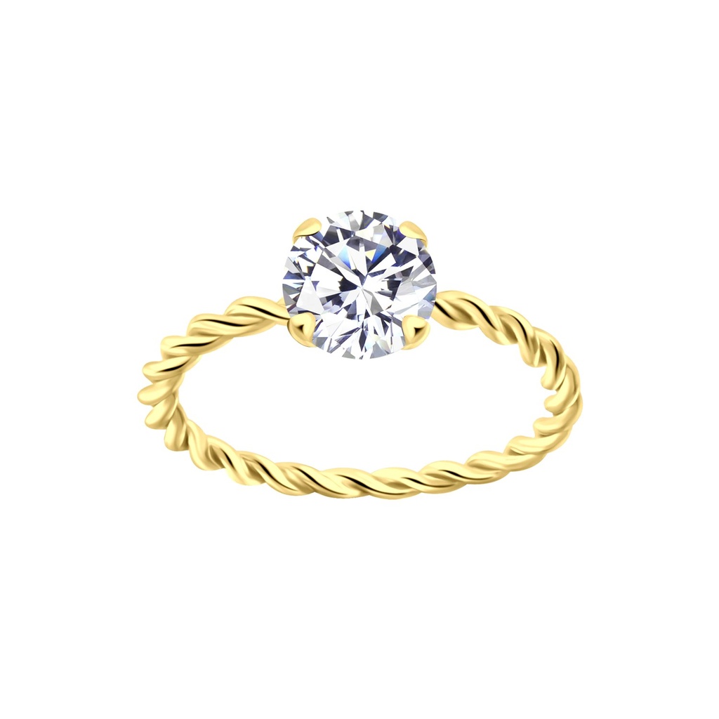 Bague solitaire jonc torsadée en argent zircon rond 6 mm