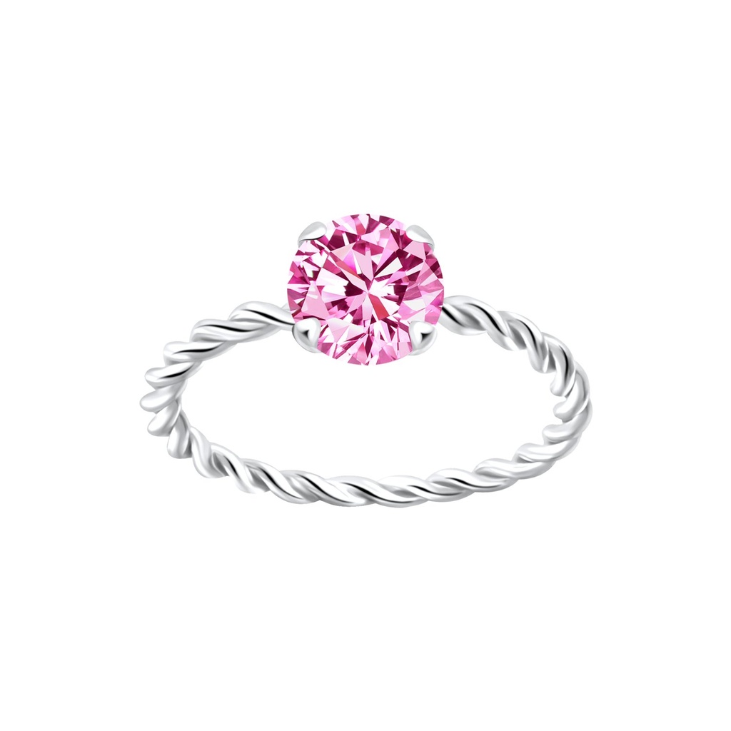 Bague solitaire jonc torsadée en argent zircon rond 6 mm