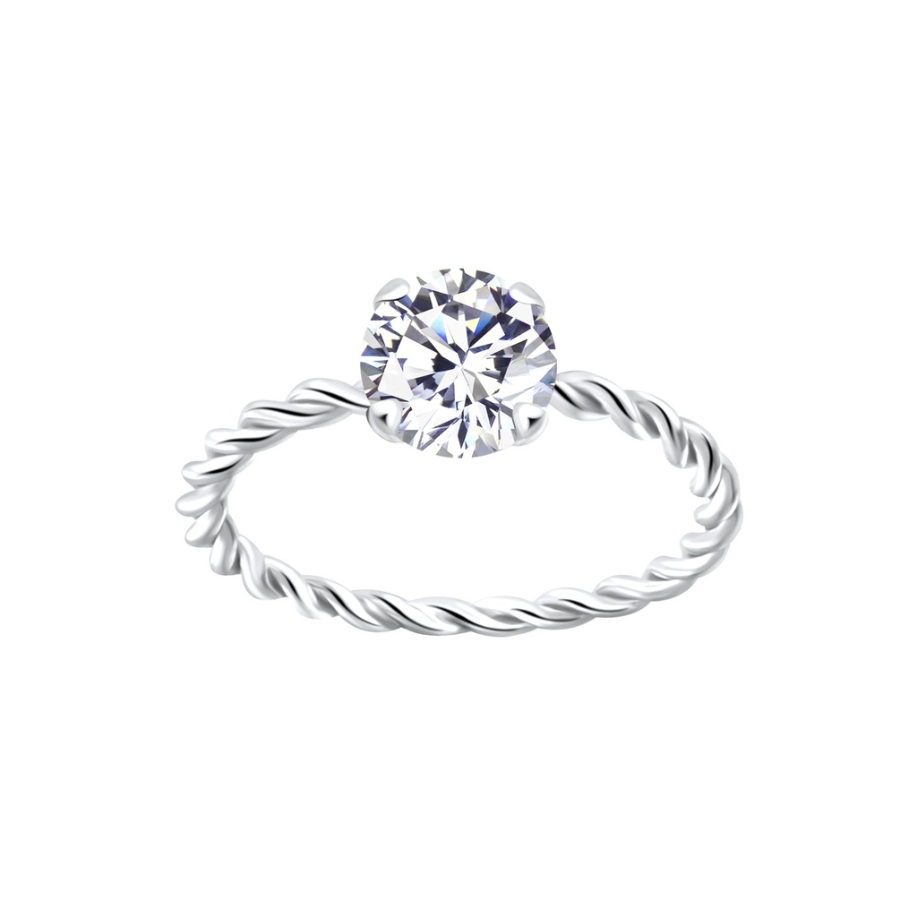 [10006295] 6mm Round Cubic Zirconia Silver Twisted Band Solitaire Ring (EU 52 / US 6)