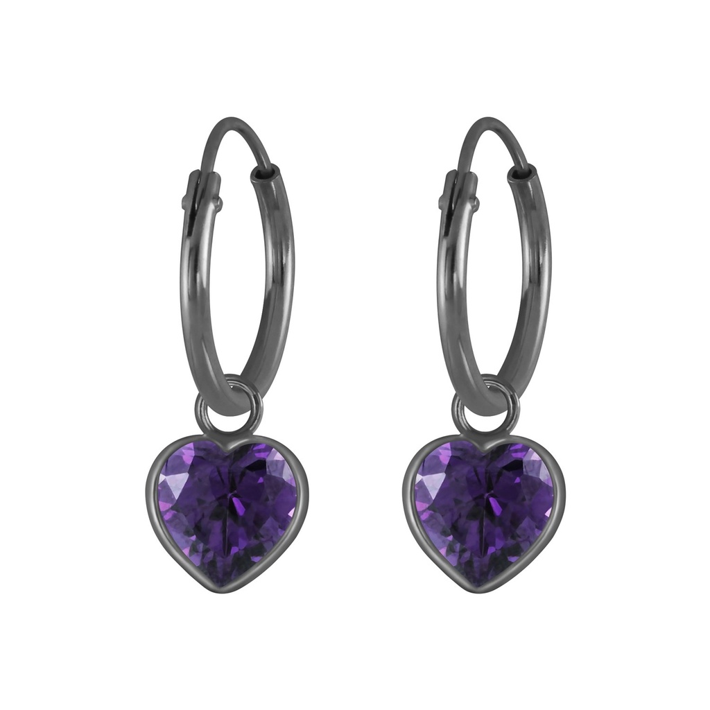 6mm Heart Cubic Zirconia Silver Charm Hoop Earrings