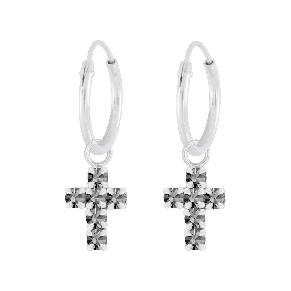 Silver Cross Crystal Charm Hoop Earrings
