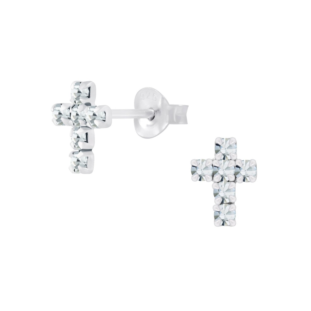 Silver Cross Crystal Stud Earrings