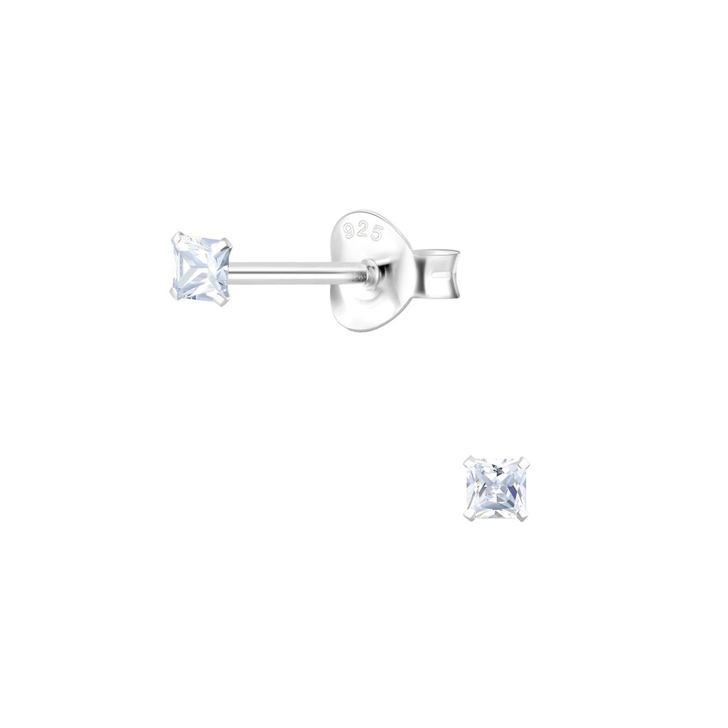 Puces d'oreilles en argent zircon carré 2 mm