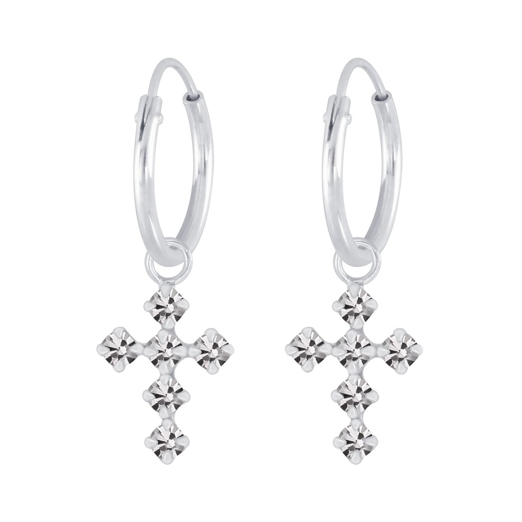 Créoles breloque croix en argent cristal