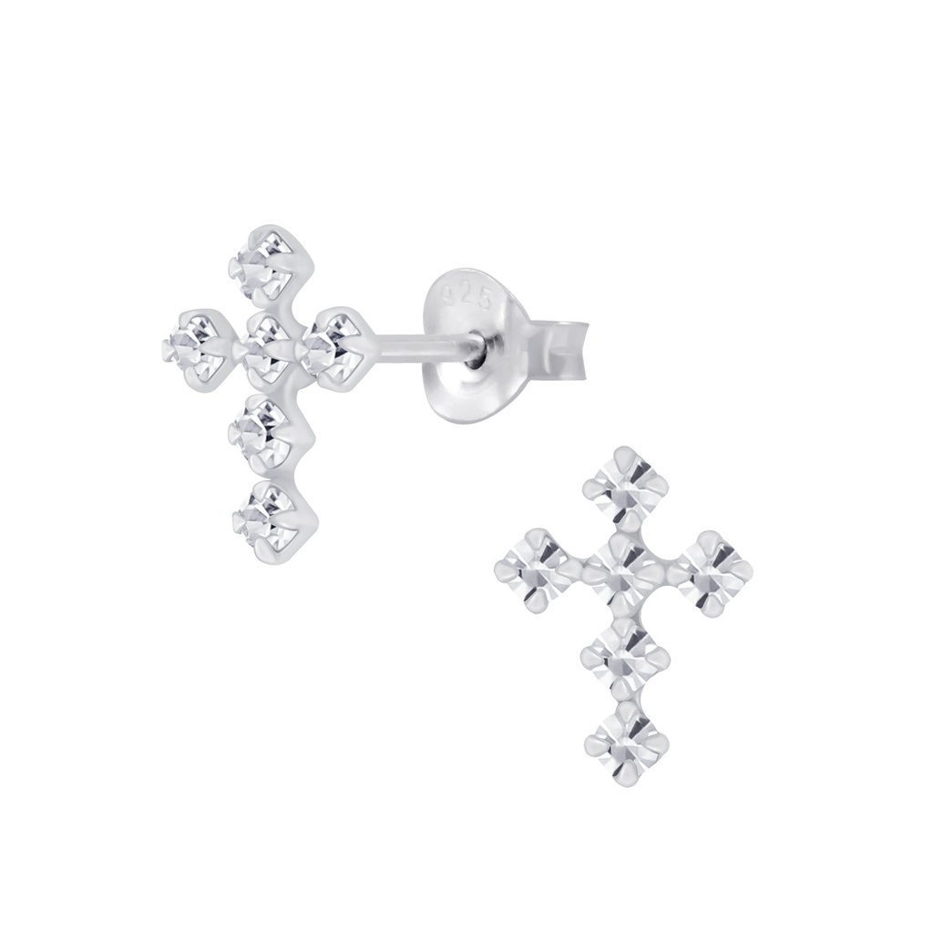 Puces d'oreilles croix en argent cristal