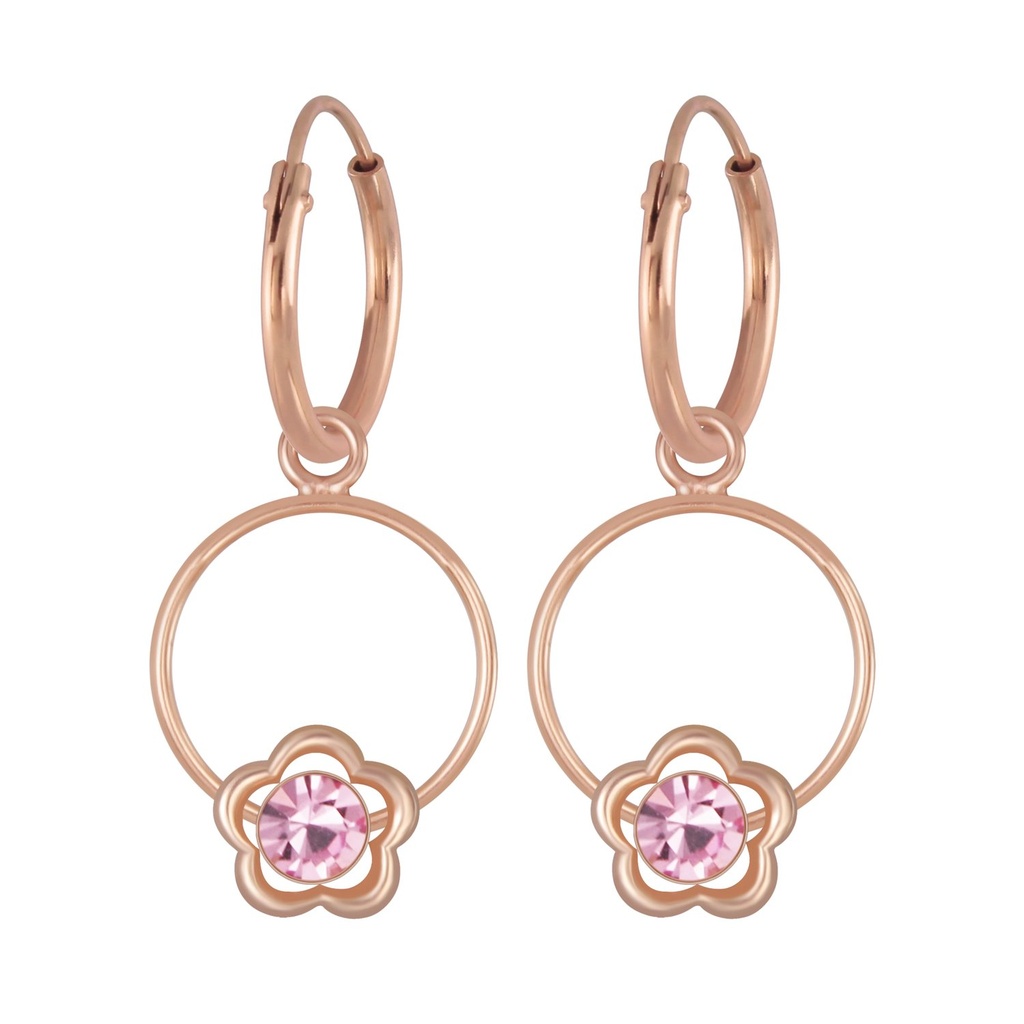 Silver Flower Wire Crystal Charm Hoop Earrings