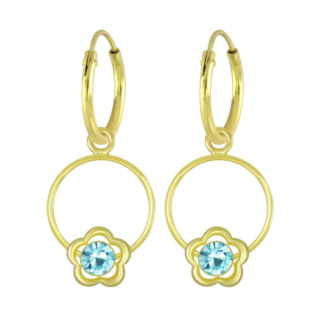 Silver Flower Wire Crystal Charm Hoop Earrings