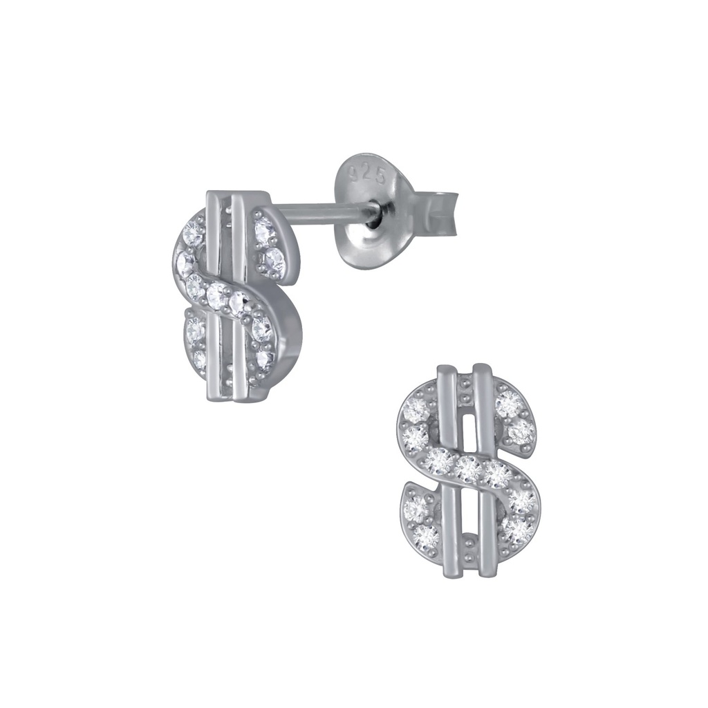 Silver Dollar Sign Stud Earrings