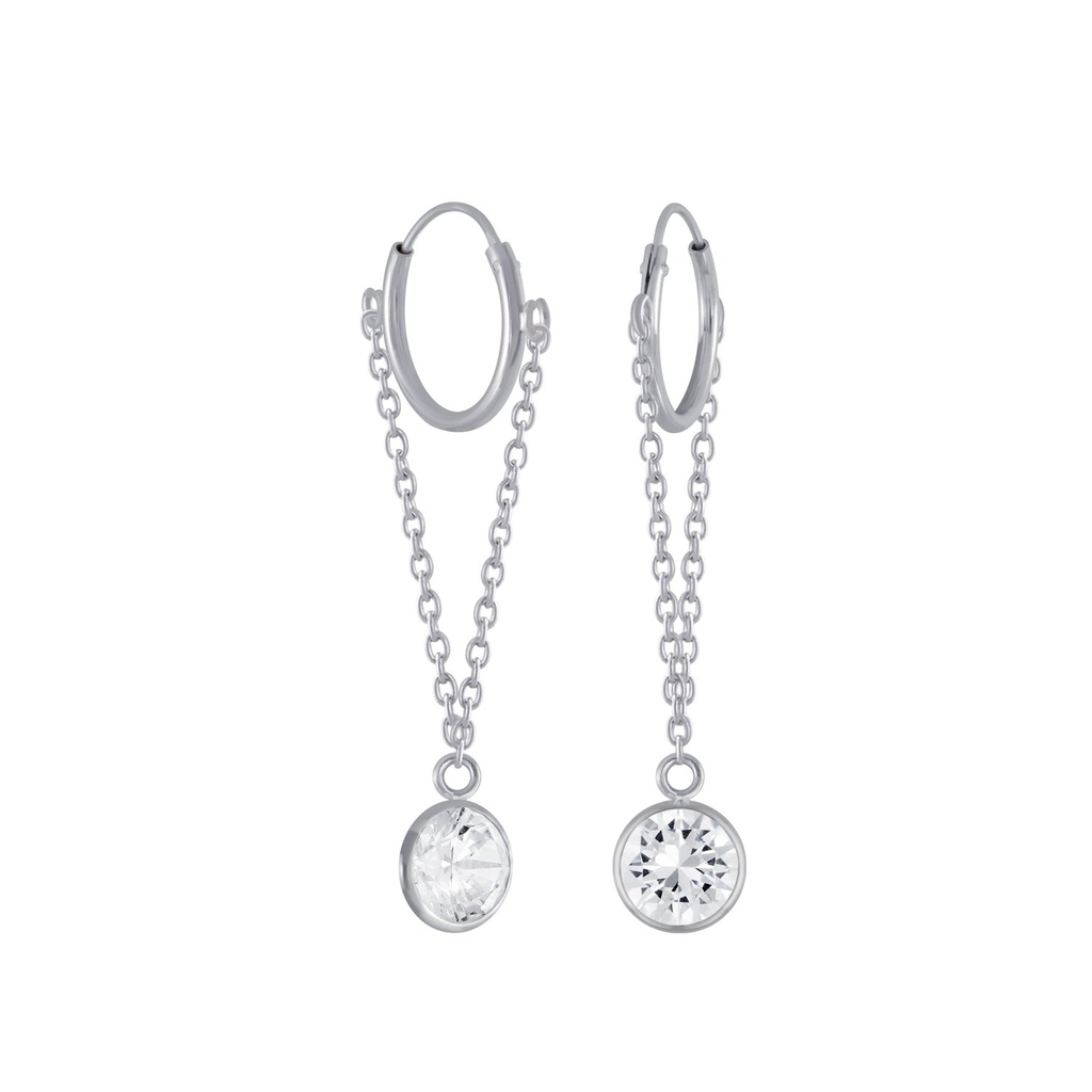 Silver Round Cubic Zirconia Charm Hoop Earrings