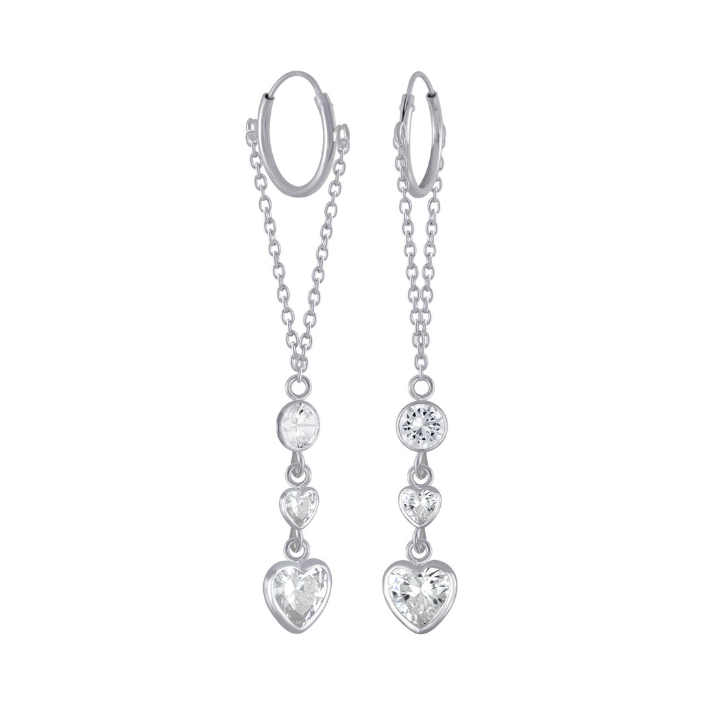 Silver Heart Cubic Zirconia Charm Hoop Earrings