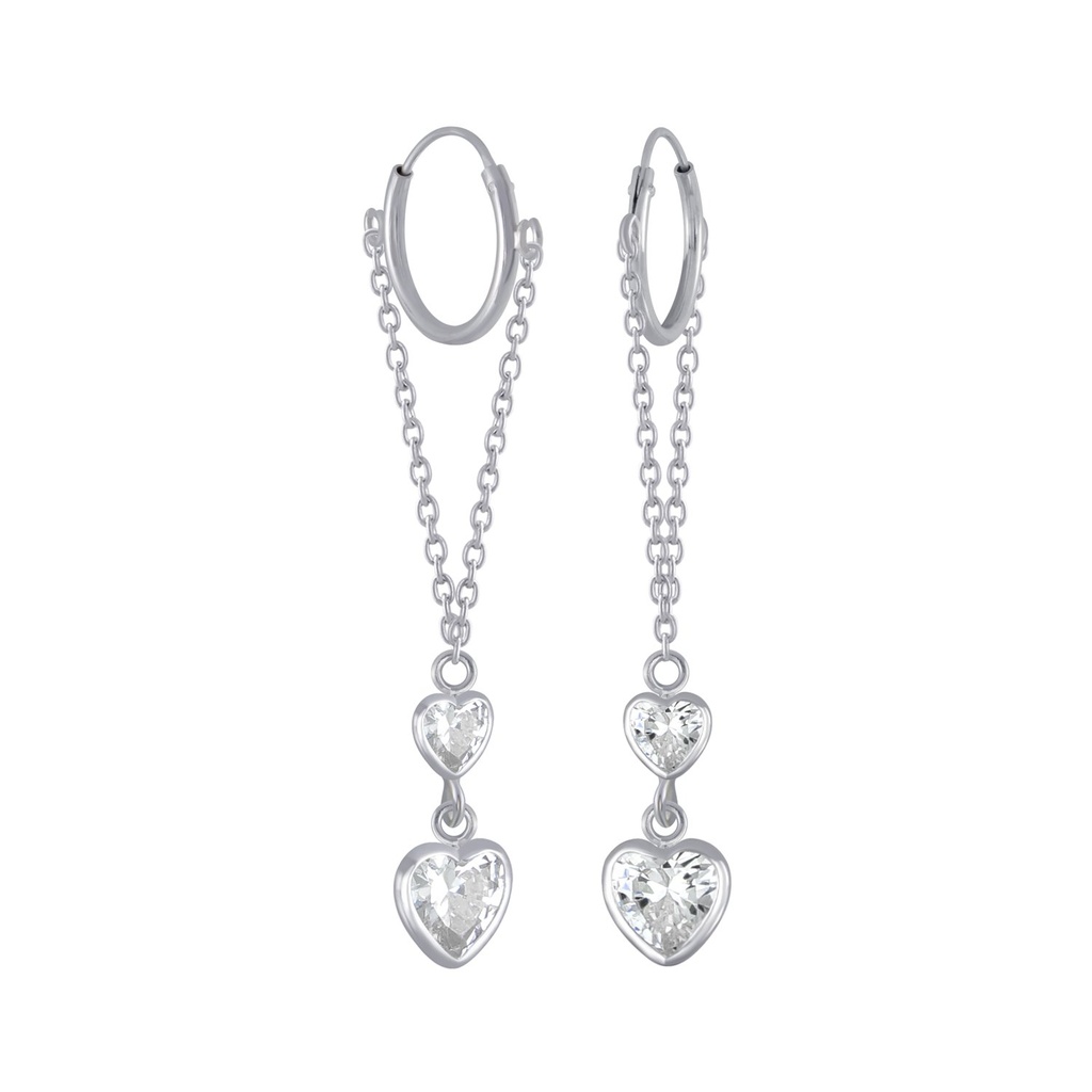 Silver Heart Cubic Zirconia Charm Hoop Earrings