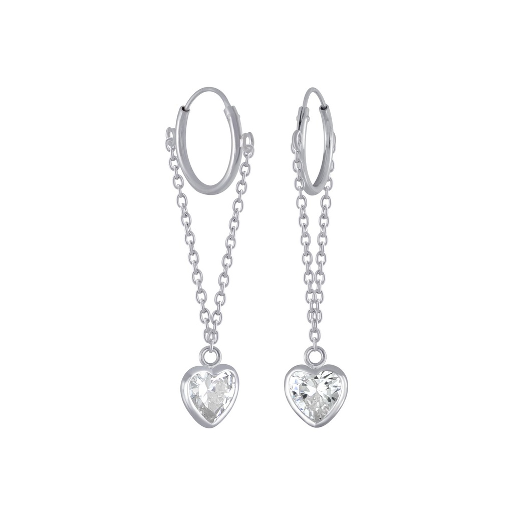 Silver Heart Cubic Zirconia Charm Hoop Earrings