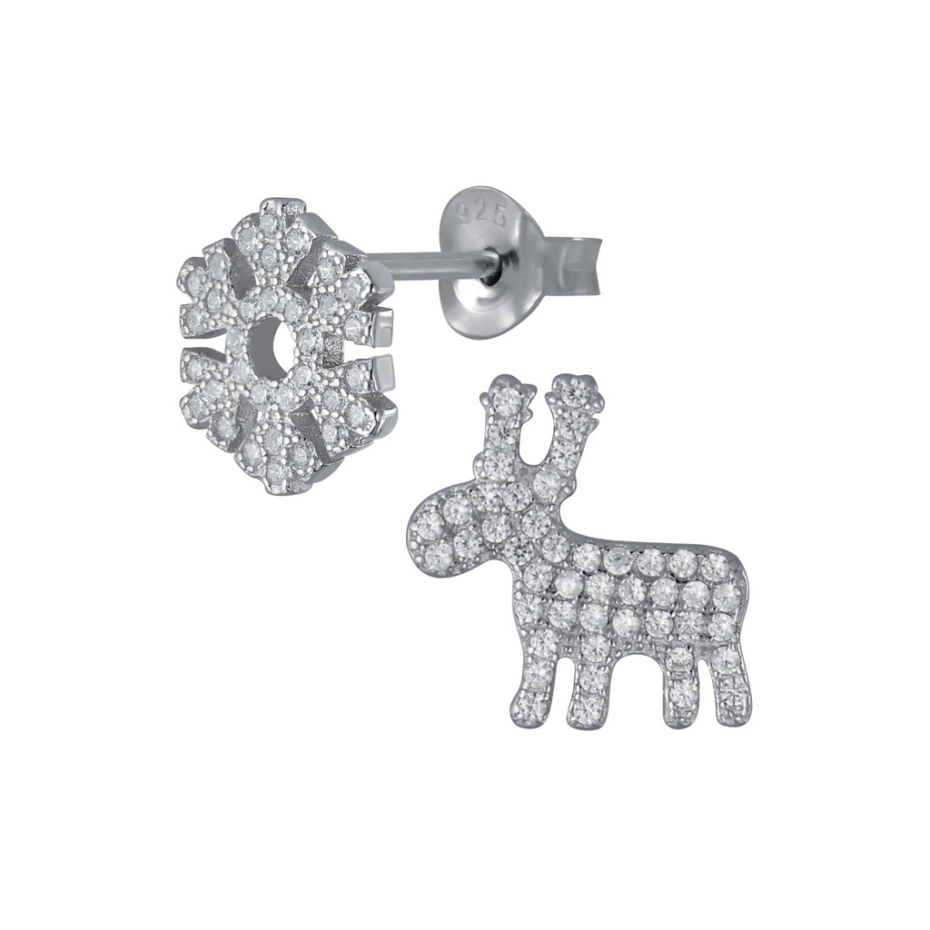 Silver Reindeer and Snowflake Stud Earrings