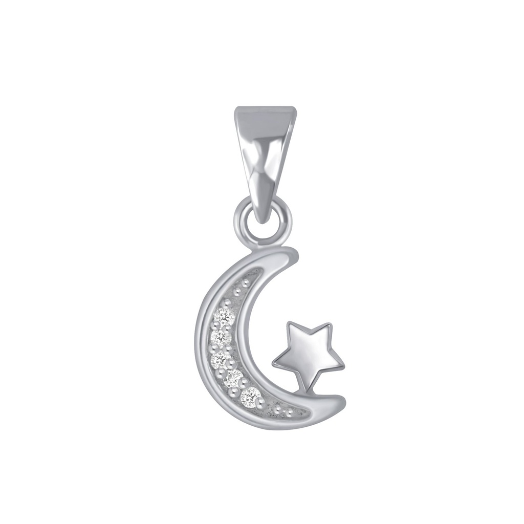 Silver Moon and Star Cubic Zirconia Pendant