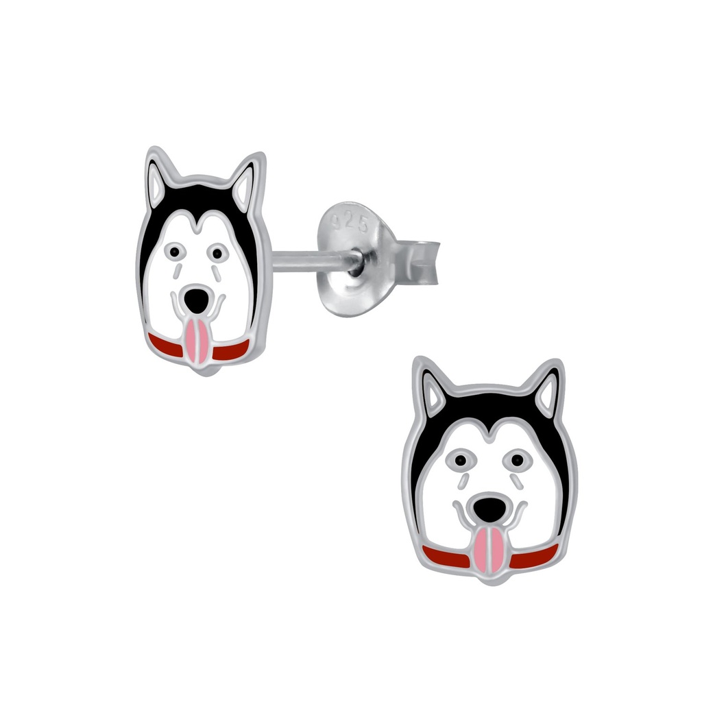Puces d'oreilles chien husky en argent