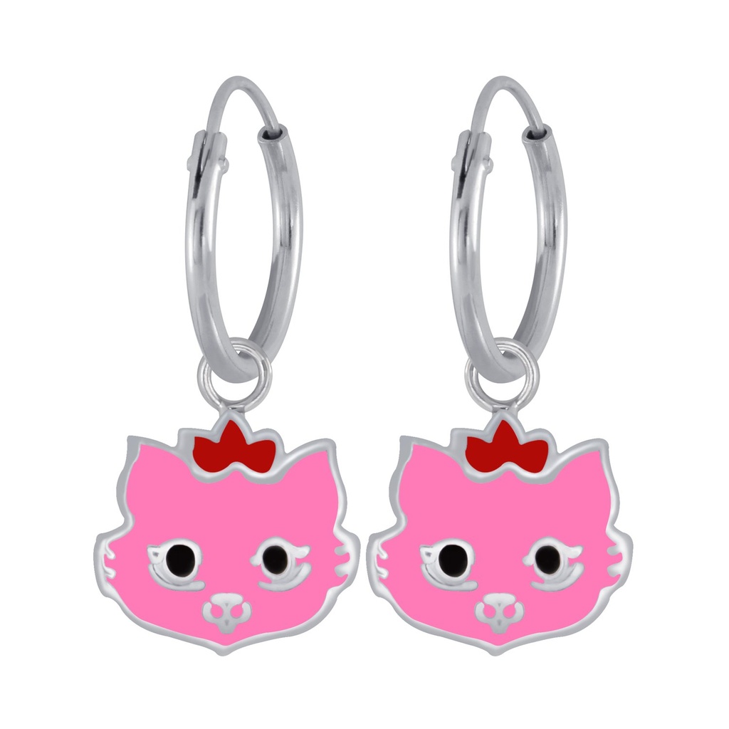 Silver Cat Earrings Charm Hoop
