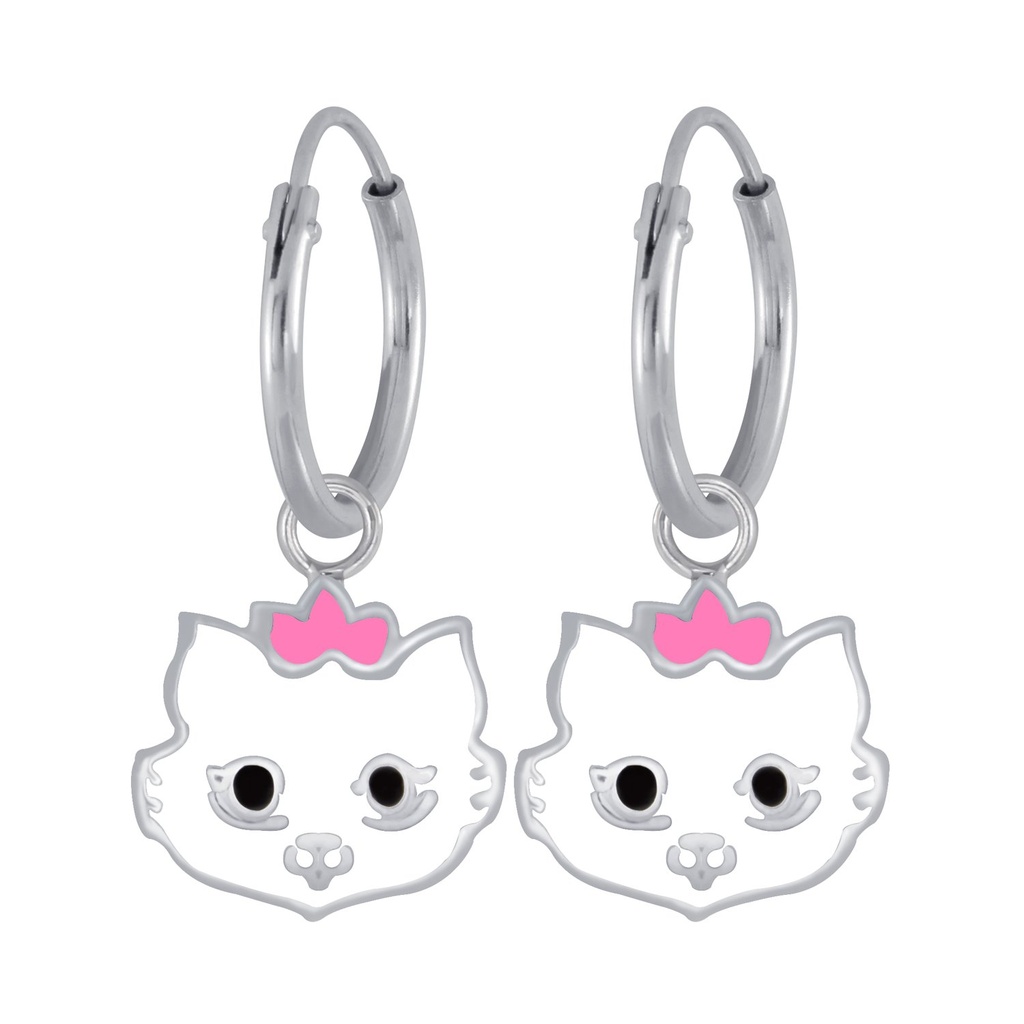 Silver Cat Earrings Charm Hoop