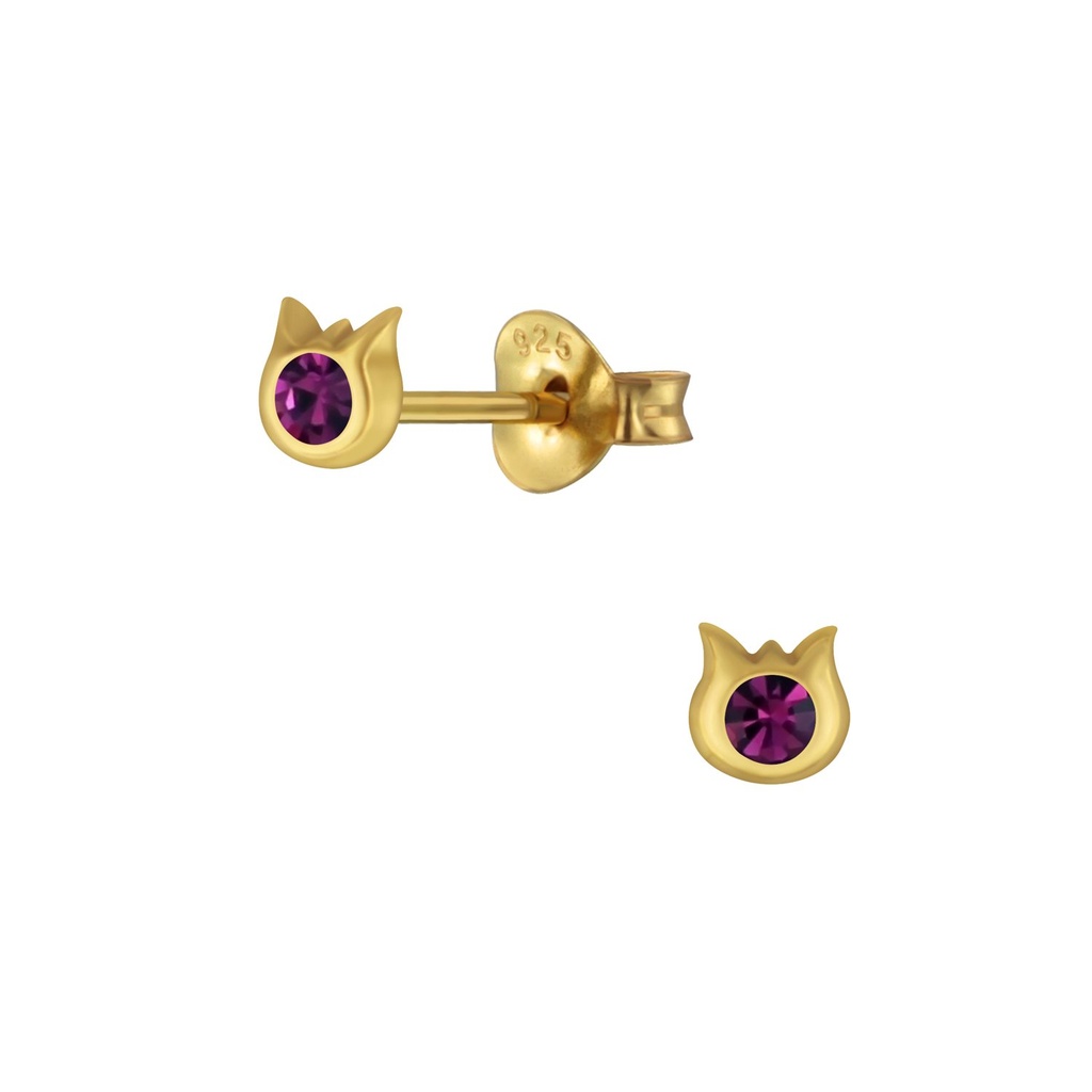 [10005568] Silver Cat Stud Earrings (Amethyst)