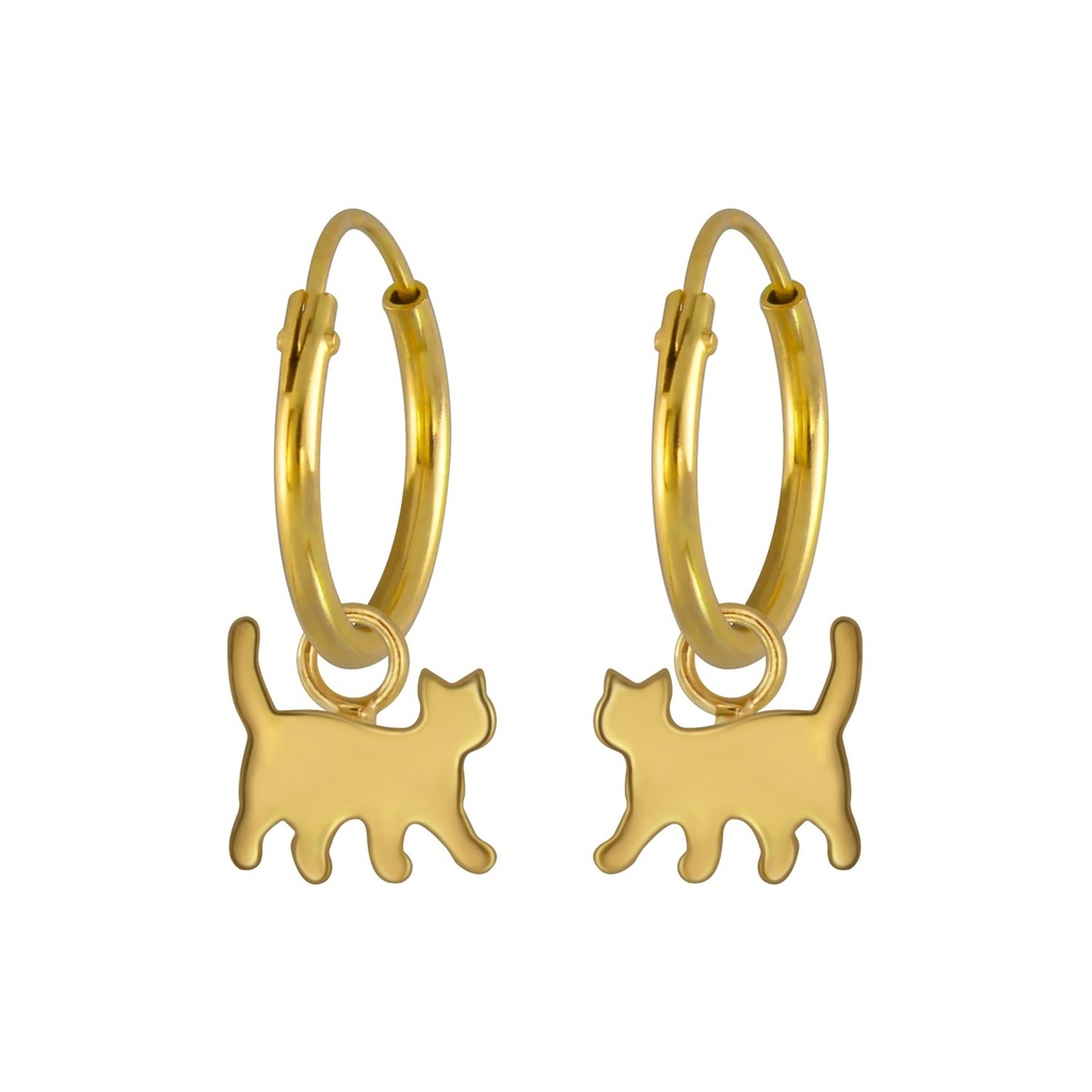 Silver Cat Charm Hoop Earrings