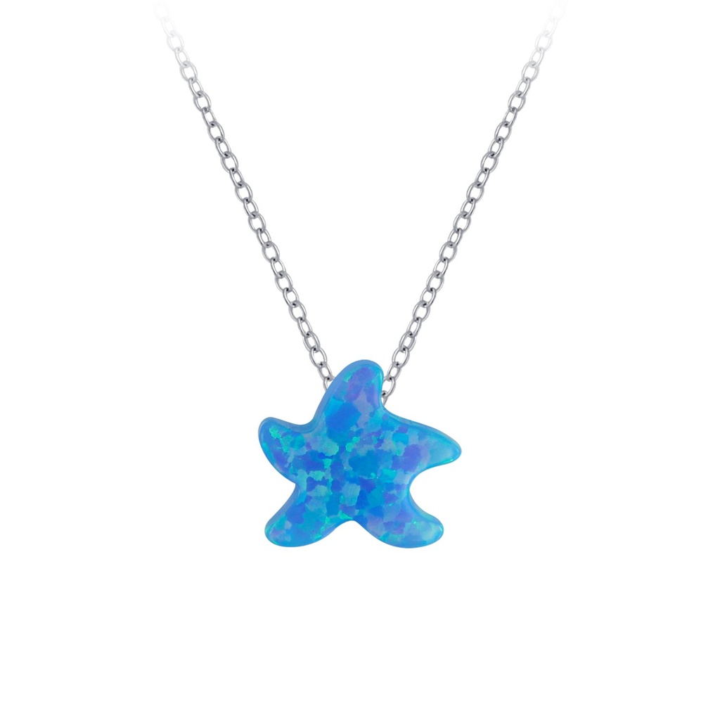 [10004755] Silver Starfish Synthetic Opal Bead Necklace (Dark Blue)