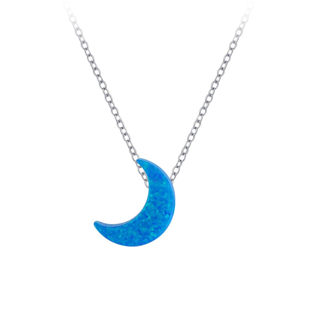[10004752] Silver Half Moon Synthetic Opal Bead Necklace (Dark Blue)