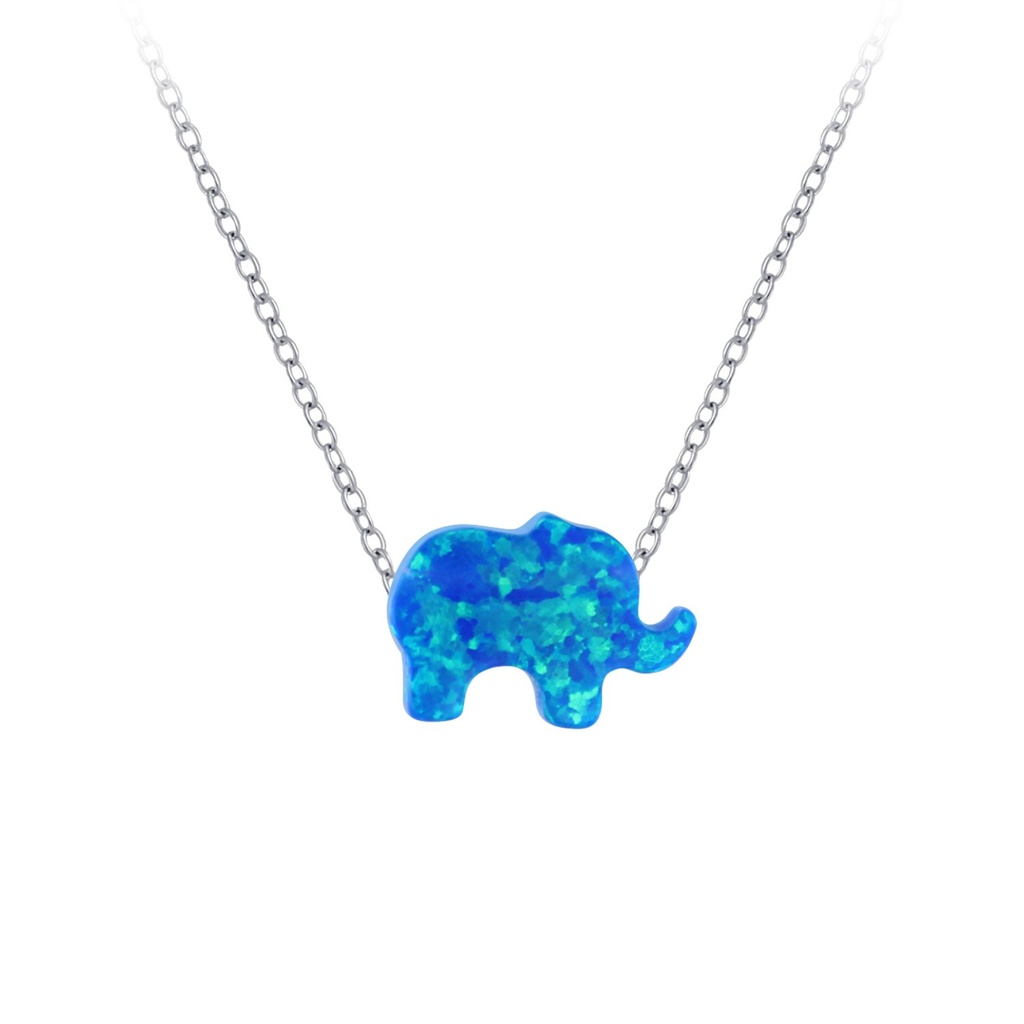 [10004748] Silver Elephant Synthetic Opal Bead Necklace (Dark Blue)
