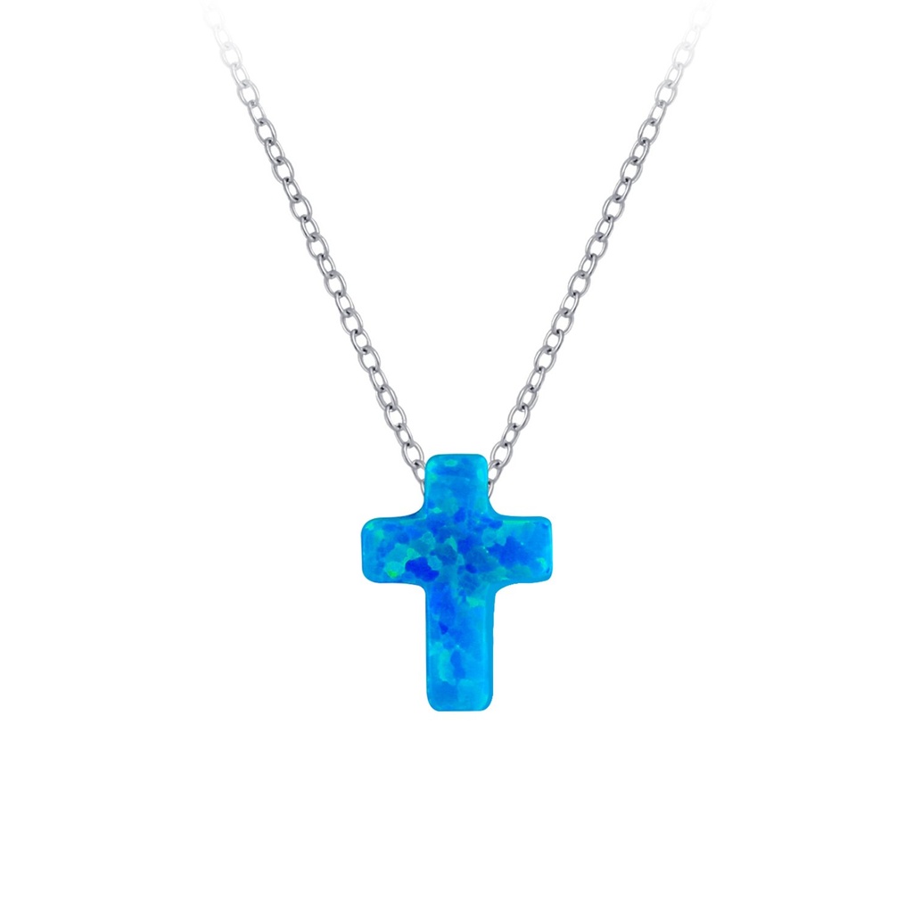 [10004737] Silver Cross Synthetic Opal Bead Neckalce (Dark Blue)