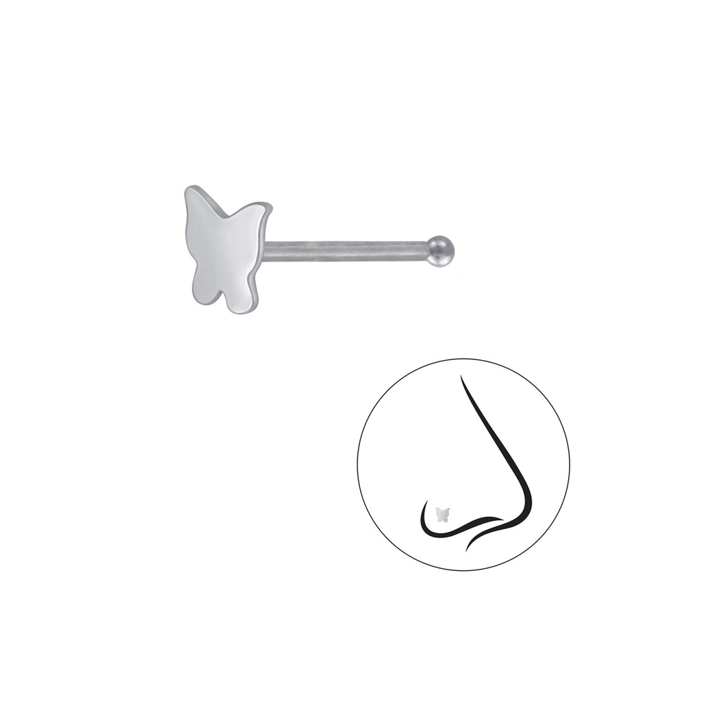 [10004365] Silver Butterfly Nose Stud With Ball