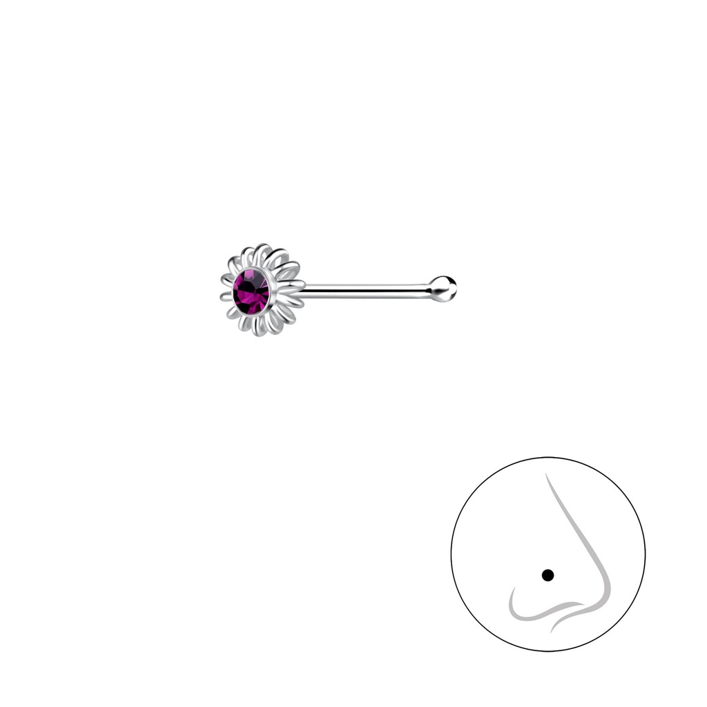 [10004115] Silver Flower Crystal Nose Stud With Ball (Amethyst)