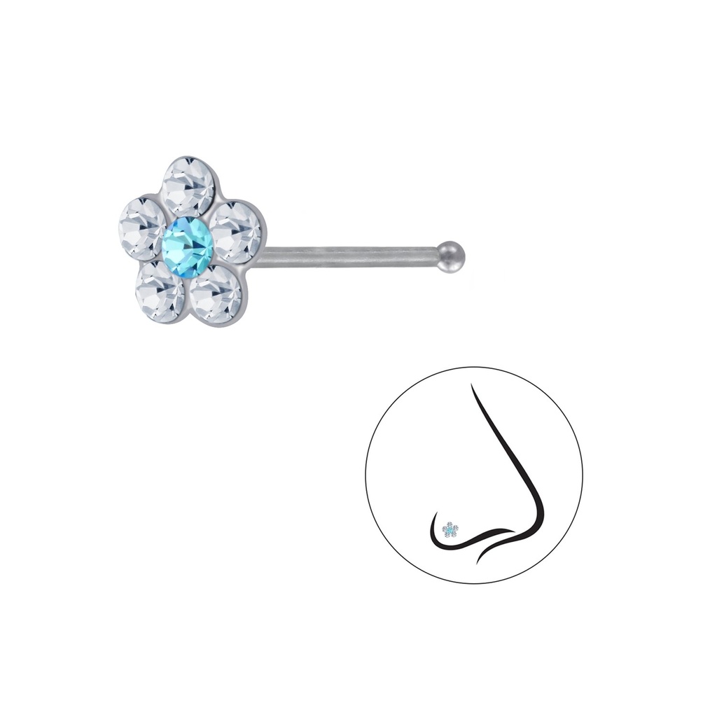 Silver Flower Crystal Nose Stud With Ball