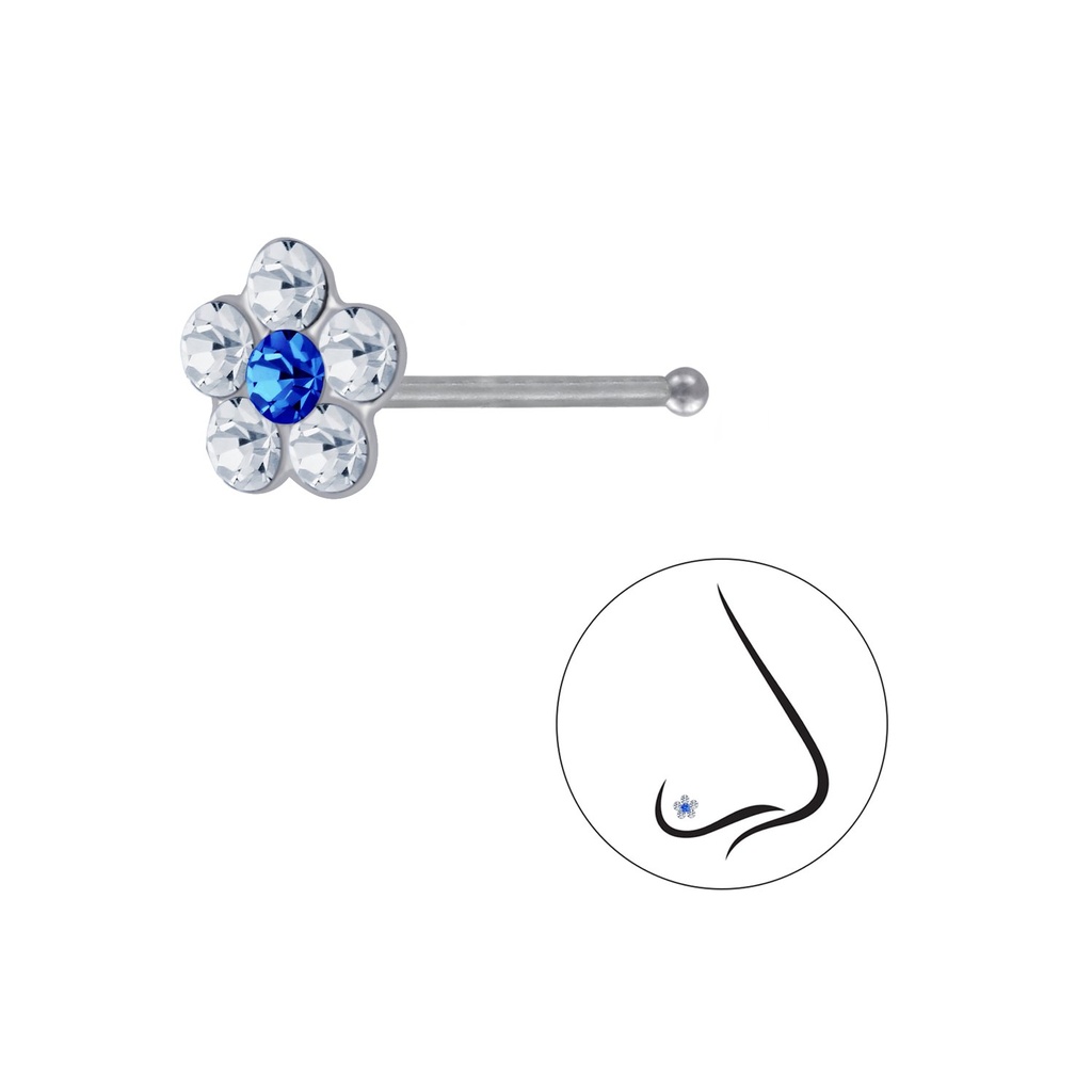[10004084] Silver Flower Crystal Nose Stud With Ball