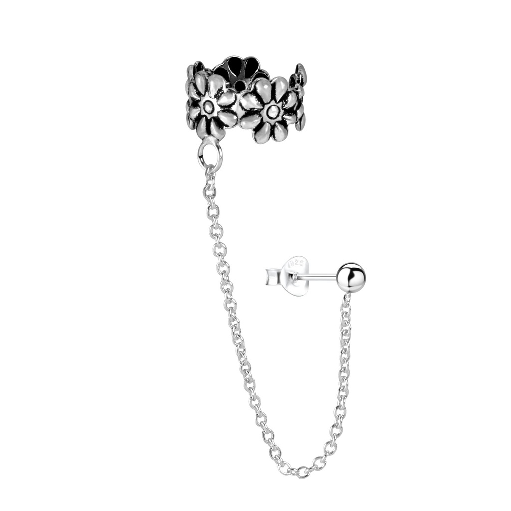 [10004011] Silver Ball Stud Earring and Flower Ear Cuff with Chain