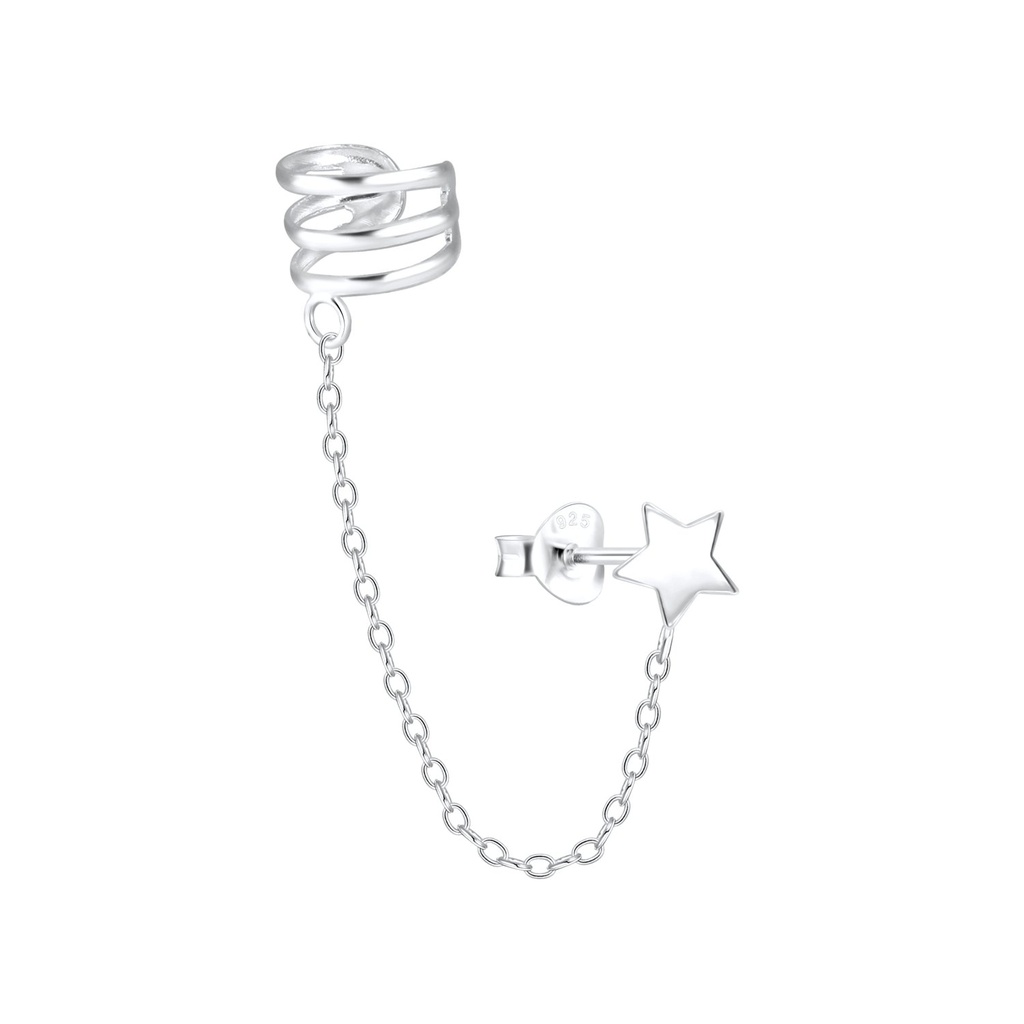 [10004010] Silver Star Stud Earring and Triple Line Ear Cuff with Chain