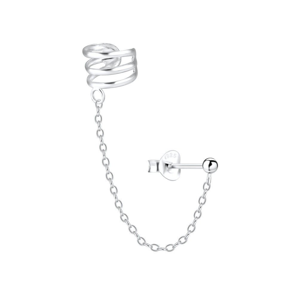 [10004009] Puce d'oreille boule et ear cuff triple ligne en argent avec chaîne