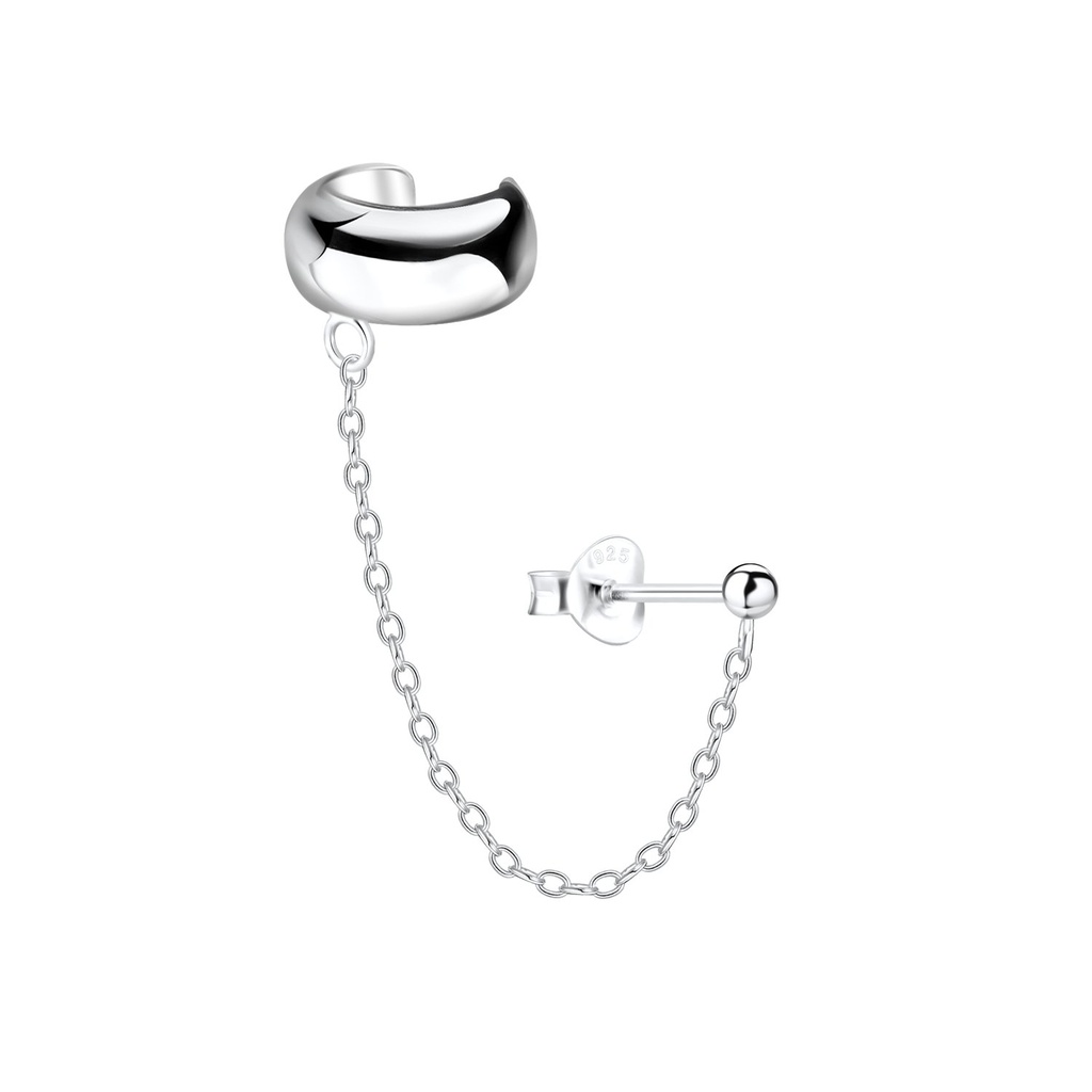 Silver Ball Stud Earring and Ear Cuff with Chain