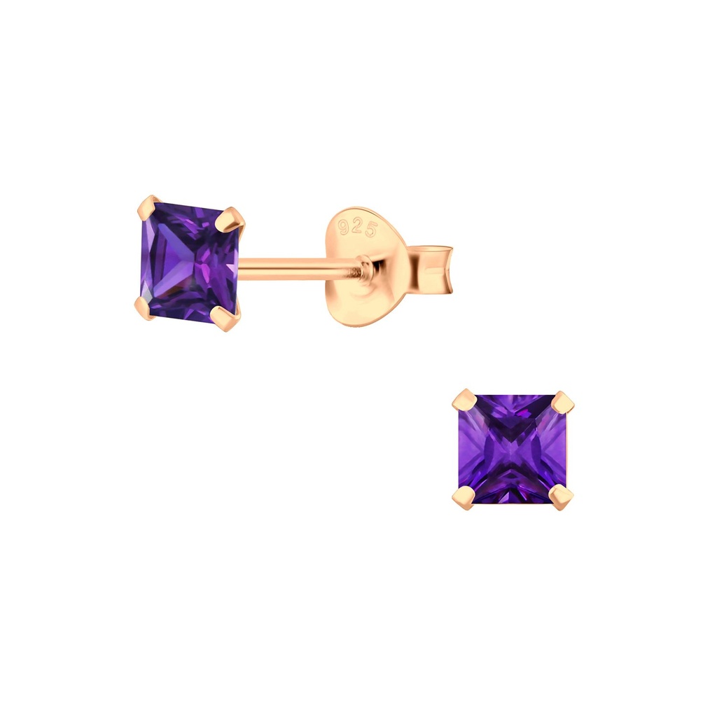 [10003766] 4mm Square Cubic Zirconia Silver Stud Earrings (Amethyst)
