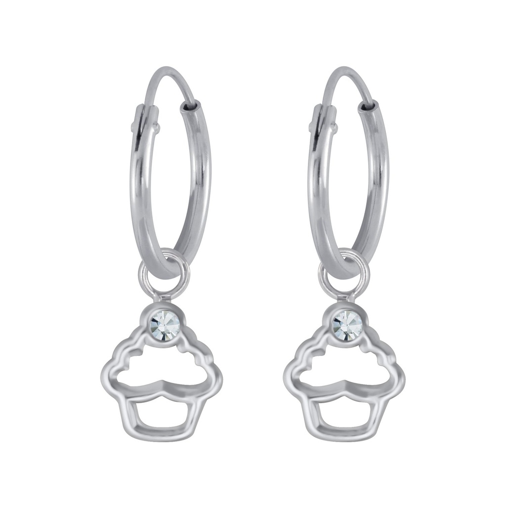 Silver Cupcake Crystal Charm Hoop Earrings