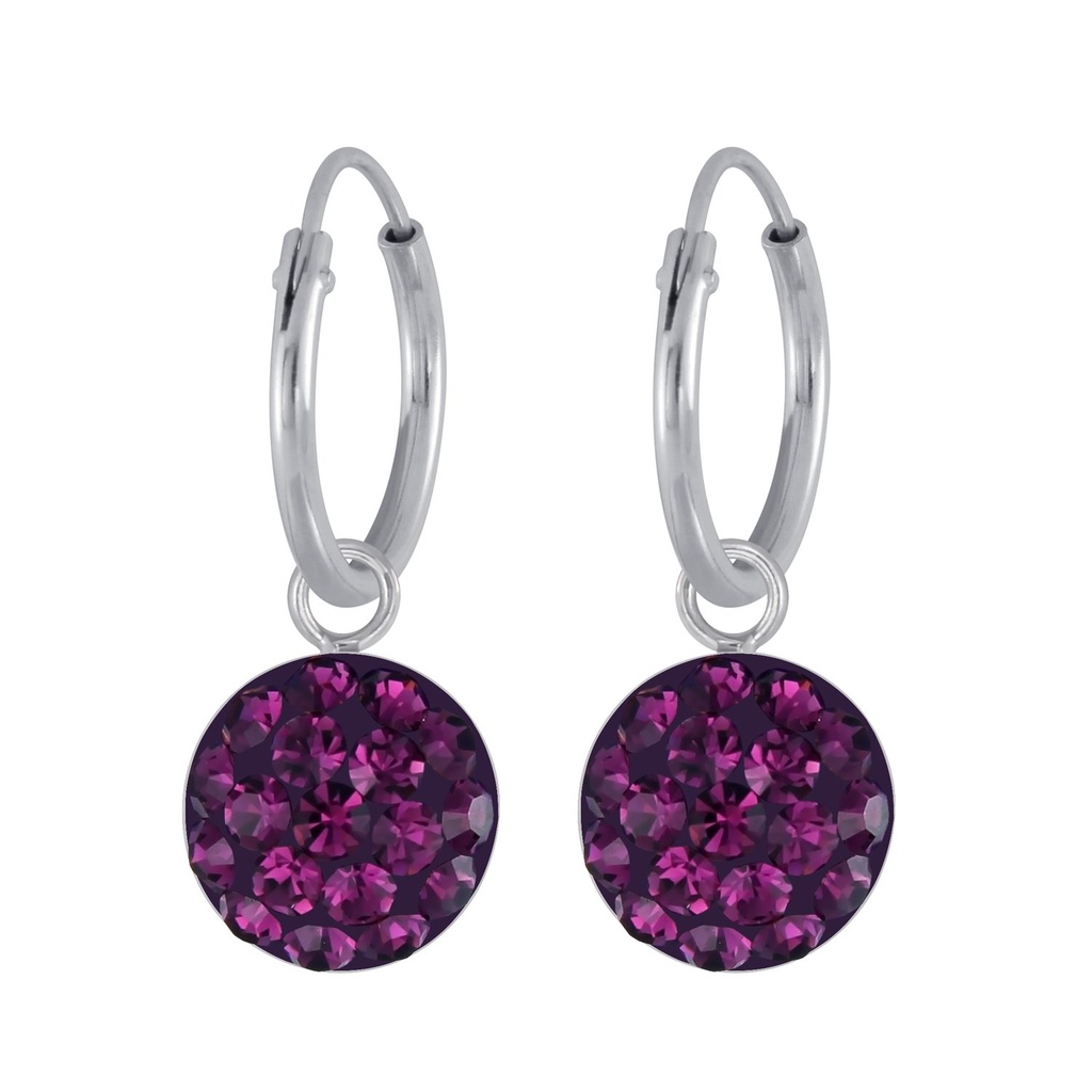 Silver Round Crystal Charm Hoop Earrings