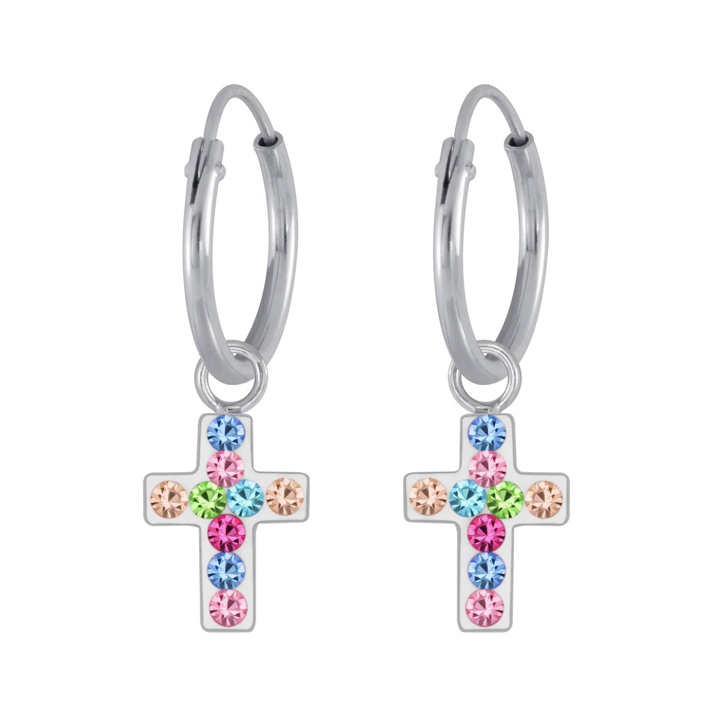 Créoles breloque croix en argent cristal